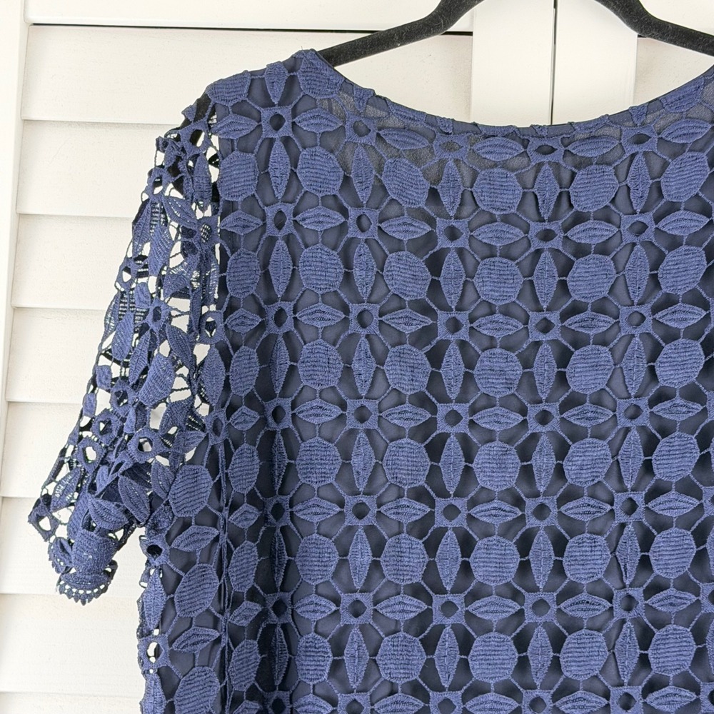 Renee C Crochet Top Women XL Navy NEW Short Sleeve Geometric Lace Blouse - Picture 15 of 16